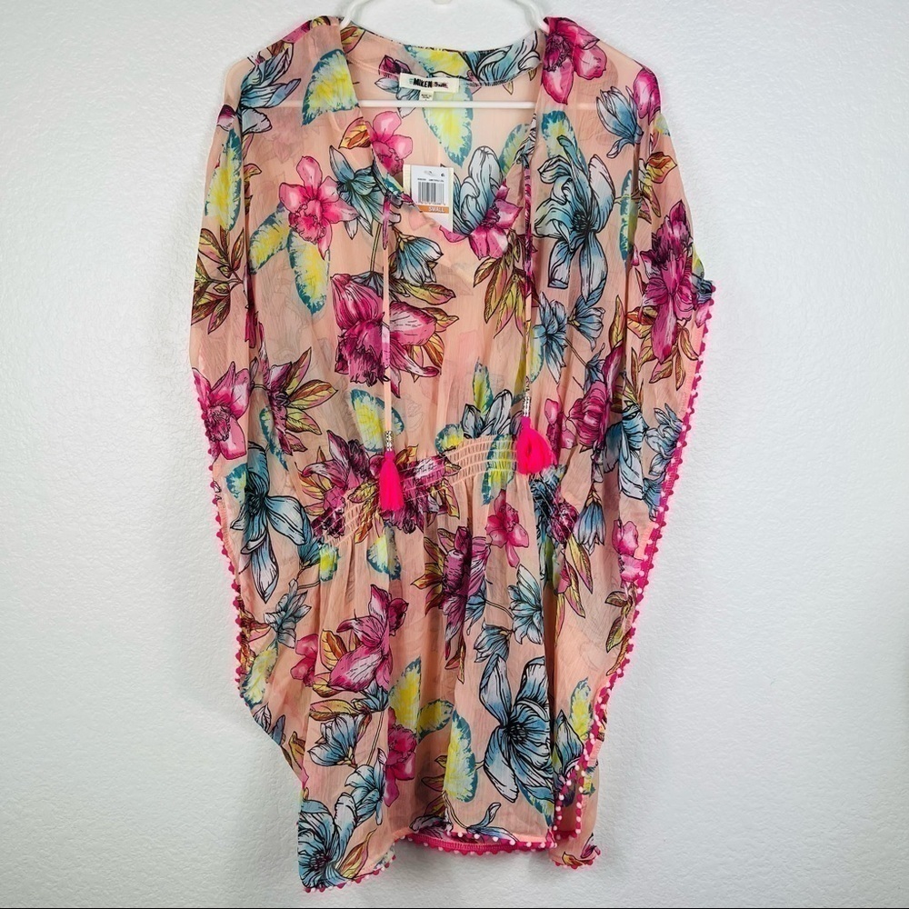 Miken Swim V-Neck Smocked Poncho Cover Up Tassels Tropical Floral size S